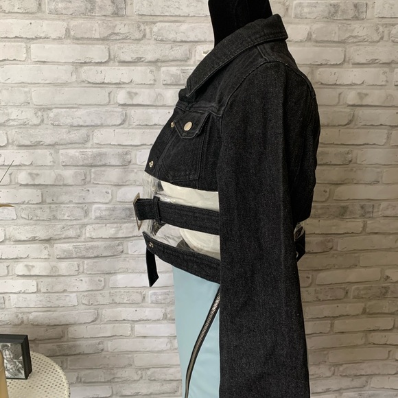 #183 NWT BLK Crop Clear Denim Jacket Buckle Button - Picture 3 of 9